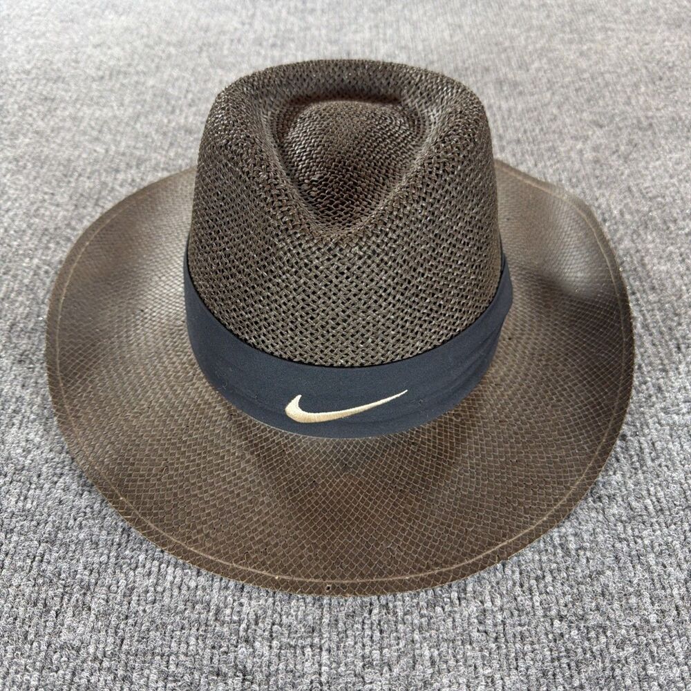 Vintage Nike Golf Brown Toyo Wide Brim Straw Hat Center Swoosh One Size USA Made